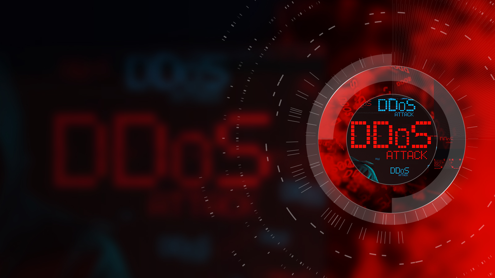 Red banner with red and blue text of DDoS Attack in orb