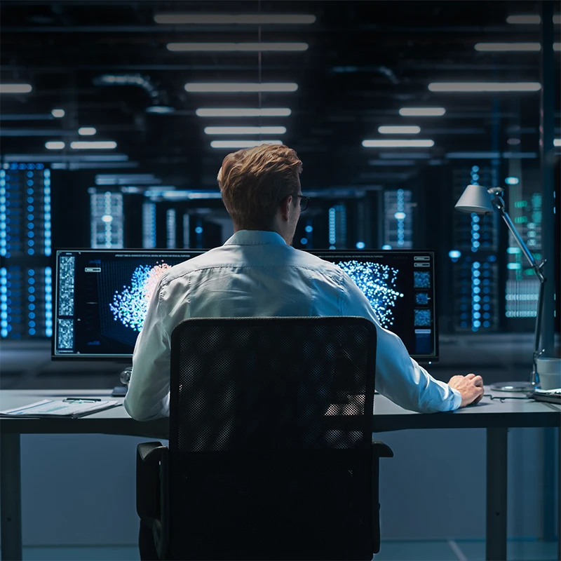 Man sitting at long desk with four monitors overlooking room of server racks