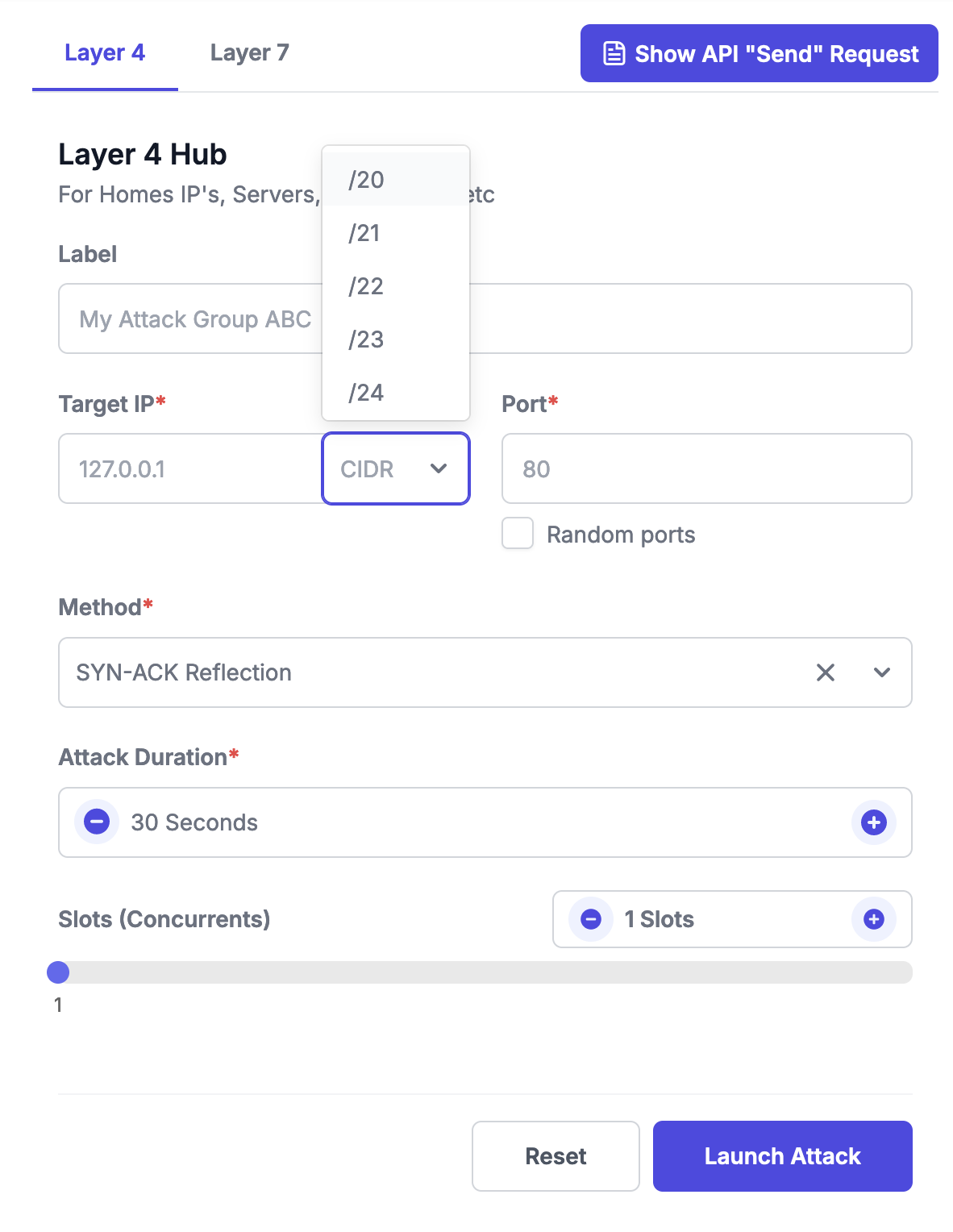 Selecting subnets on booter/stresser site 